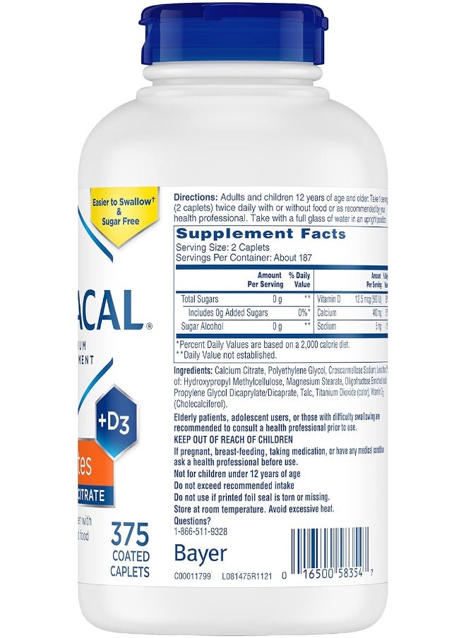 Petites, Highly Soluble, Easily Digested, 400 Mg Calcium Citrate With 500 Iu Vitamin D3, Bone Health Supplement For Adults, Relatively Small Easy-To-Swallow Caplets, 375 Count