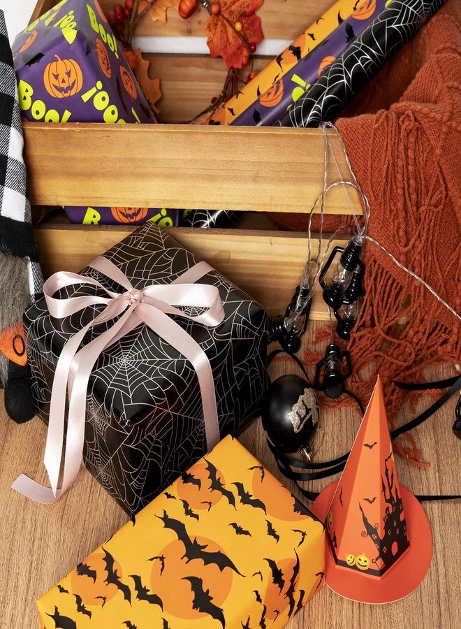 LeZakaa Halloween Wrapping Paper Roll - Mini Roll - Pumpkin with Boo Letters/Bat/Spider Web Print for Gift Wrap, DIY Craft - 17 x 120 inches - 3 Rolls (42.5 sq.ft.ttl. - Image 2