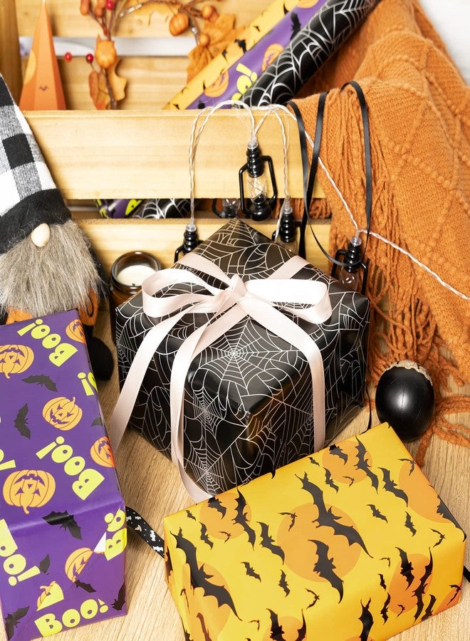 LeZakaa Halloween Wrapping Paper Roll - Mini Roll - Pumpkin with Boo Letters/Bat/Spider Web Print for Gift Wrap, DIY Craft - 17 x 120 inches - 3 Rolls (42.5 sq.ft.ttl. - Image 3