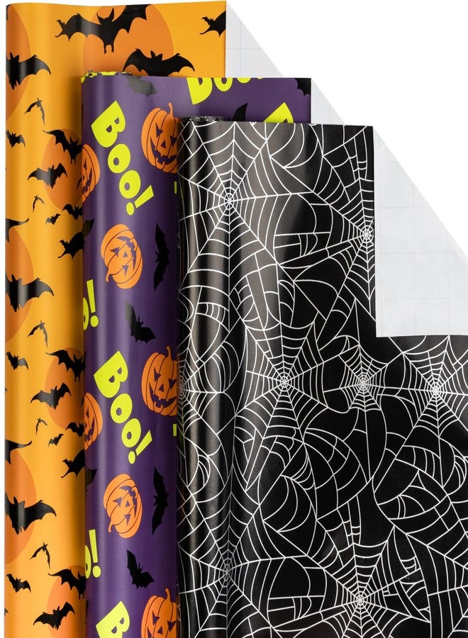 LeZakaa Halloween Wrapping Paper Roll - Mini Roll - Pumpkin with Boo Letters/Bat/Spider Web Print for Gift Wrap, DIY Craft - 17 x 120 inches - 3 Rolls (42.5 sq.ft.ttl. - Image 1