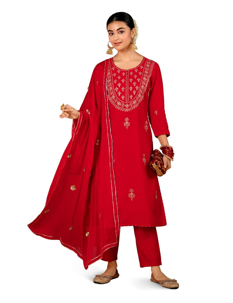 Kaari Women's Embroidered Kurta Set with Dupatta - Straight Fit | Silk Blend Fabric with Zari Embroidery | Gota Patti Work Cotton Dupatta | Kurta Set For Women - Image 4