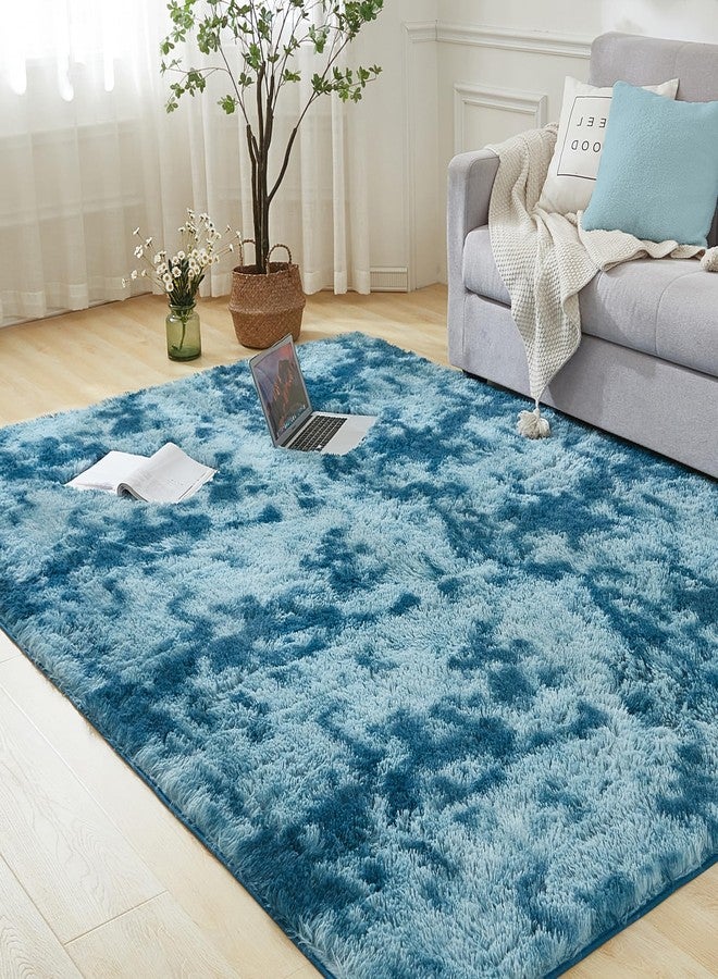 Andency Soft Area Rugs for Living Room Bedroom, 5x8 Fluffy Shaggy Bedside Rug, Non-Slip Large Shag Fuzzy Plush Carpets for Bedroom Kids Dorm Nursery Home Decor Aesthetic, Tie-Dyed Navy Blue - Image 1