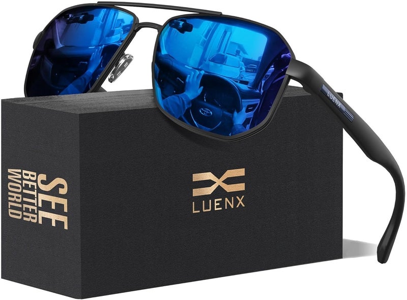 LUENX Aviator Sunglasses for Men Square Polarized Polygon Lens - UV 400 Protection with Accessories 61MM Driving Outdoor - Image 1