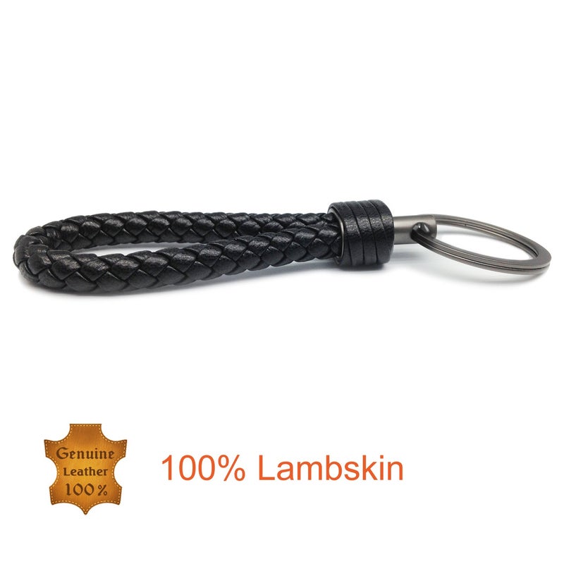 LABEN Key Chain Lambskin Handwoven Genuine Leather Keychain - Black - Image 2