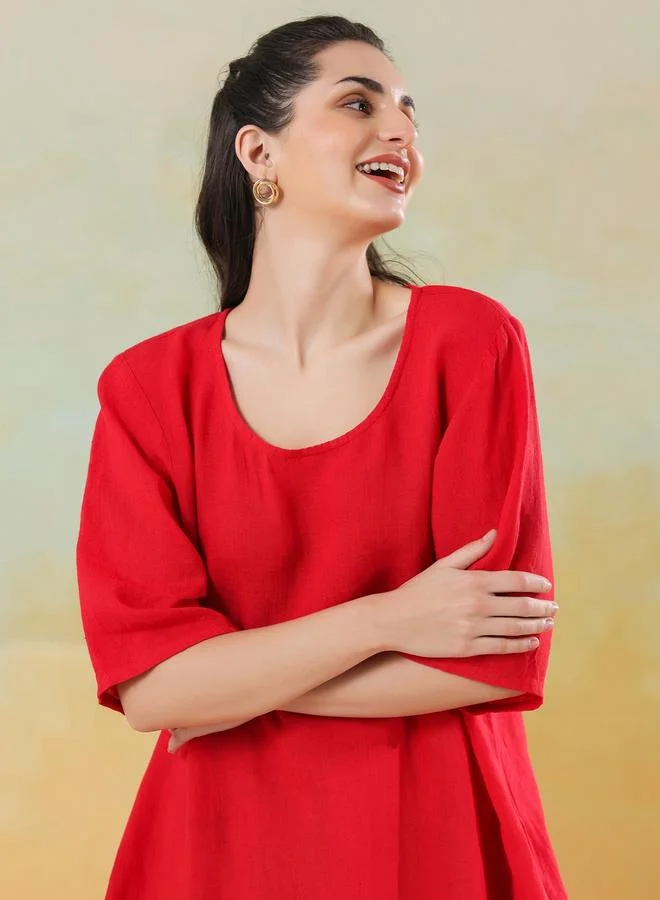 sanskrutihomes Sanskrutihomes Women Red Linen Blend Round Neck A-Line Knee-Length Dress