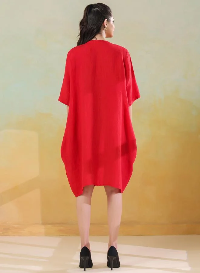 سانسكريتي هومز Sanskrutihomes Women Red Linen Blend Round Neck A-Line Knee-Length Dress