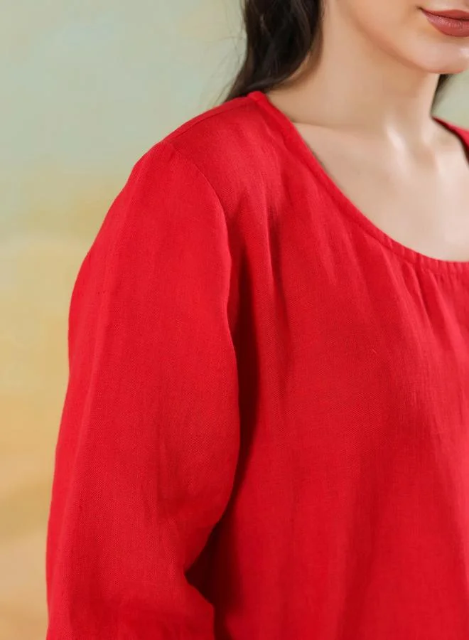 sanskrutihomes Sanskrutihomes Women Red Linen Blend Round Neck A-Line Knee-Length Dress