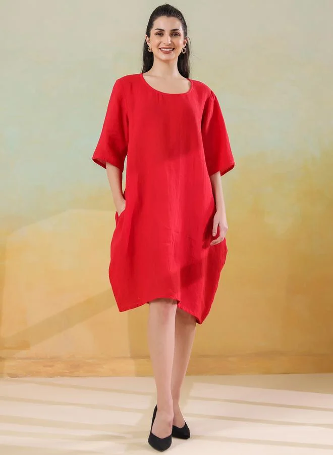 سانسكريتي هومز Sanskrutihomes Women Red Linen Blend Round Neck A-Line Knee-Length Dress