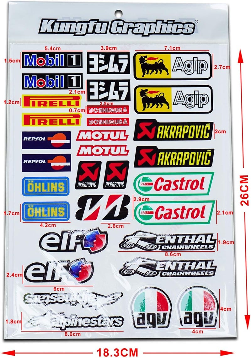 Kungfu Graphics Motocross Sponsor Logos Racing Sticker Sheet Universal (7.2 x 10.2 inch), Black Red Green - Image 1