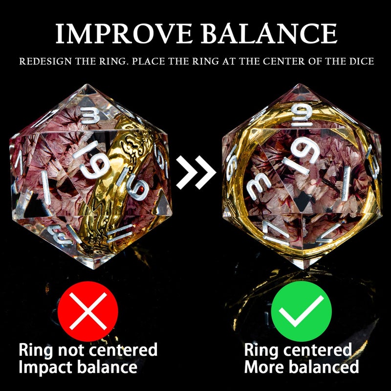 ORIFANTOU Magic Golden Ring DND Dice Set Sharp Edge Resin Dice with Case, Pink Flower Lord D and D Dice for use with D&D RPG Role Playing Games, Polyhedral Dice Set D20 D12 D10 D8 D6 - Image 3