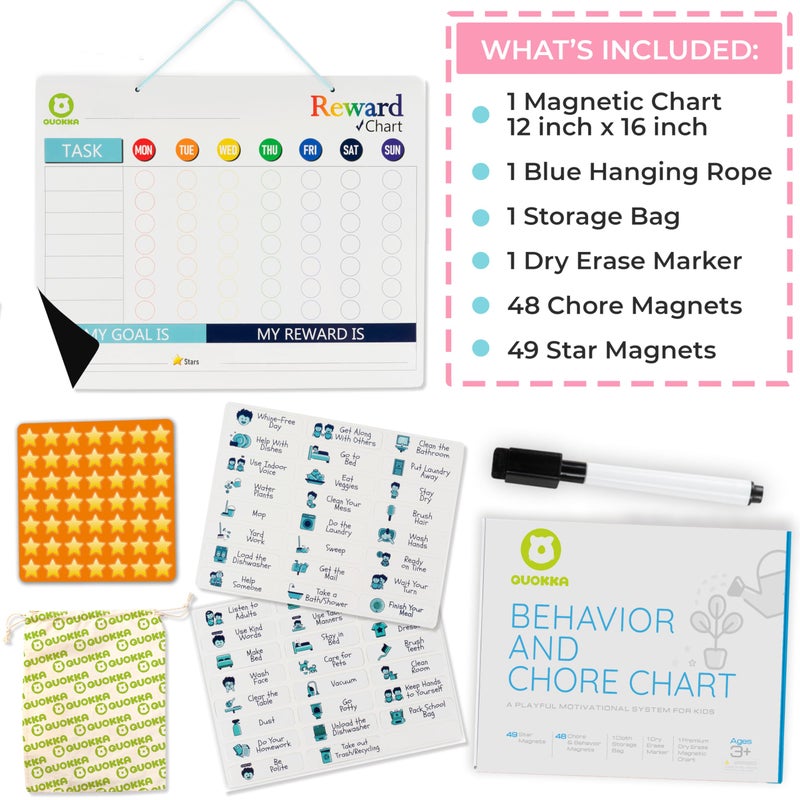 QUOKKA Magnetic Behavior Chore Chart for Kids at Home - Gift Reward Visual Schedule Chart - Dry and Erase Routine and Responsibility - Use 99 Magnets, Markers, Stickers - From Toddlers to Teens - Image 2