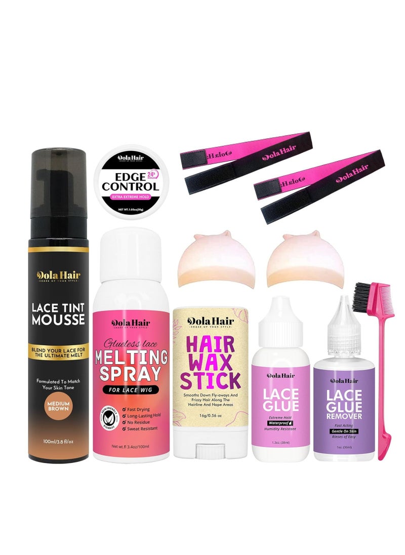 Dolahair Dolahair Lace Glue Kit Lace Tint Mousse Wig Glue Kit complete set lace front kit wig installation kit wig melting kit Melting Spray for Lace Wig Melt Wig Essentials (Medium Brown)  - Image 1