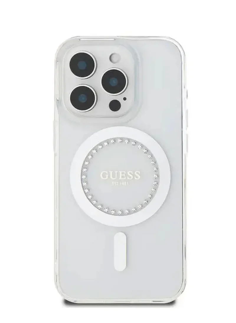 GUESS Magsafe IML Hard Case with Rhinestones Design for iPhone 16 Pro / Easy Snap-On/ Drop Protection/ Slim Profile - White