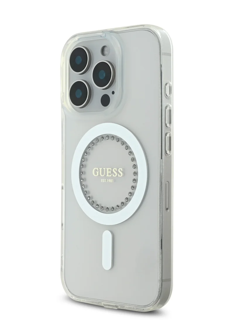 جس جراب Magsafe IML الصلب بتصميم مرصع بأحجار الراين لهاتف iPhone 16 Pro / سهل التركيب / حماية من السقوط / تصميم نحيف - أبيض