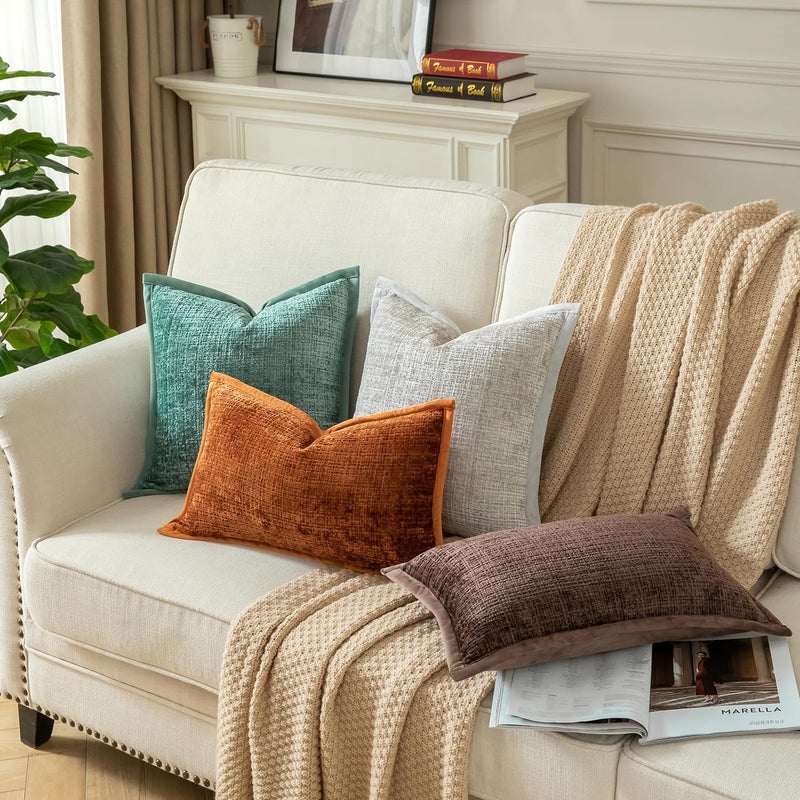 Yaertun Pack of 2 Chenille Textured Decorative Throw Pillow Covers Accent Solid Cushion Cover Soft Cozy Pillow Case with Velvet Back for Couch Sofa Bed Living Room 24x24 Inch Burnt Brick - Image 5