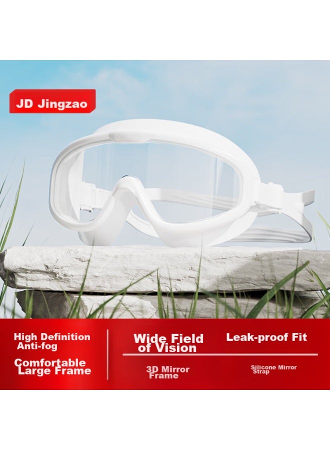 JD.com Jd Jingzao نظارات السباحة للبالغين، إطار كبير، مضادة للضباب، مقاومة للماء، نظارات سباحة عالية الوضوح، نظارات الغوص للرجال والنساء، أبيض مبهر - Image 1