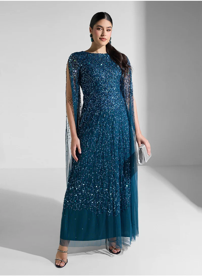 Amelia Rose Embellished Cape Sleeves Maxi Dress