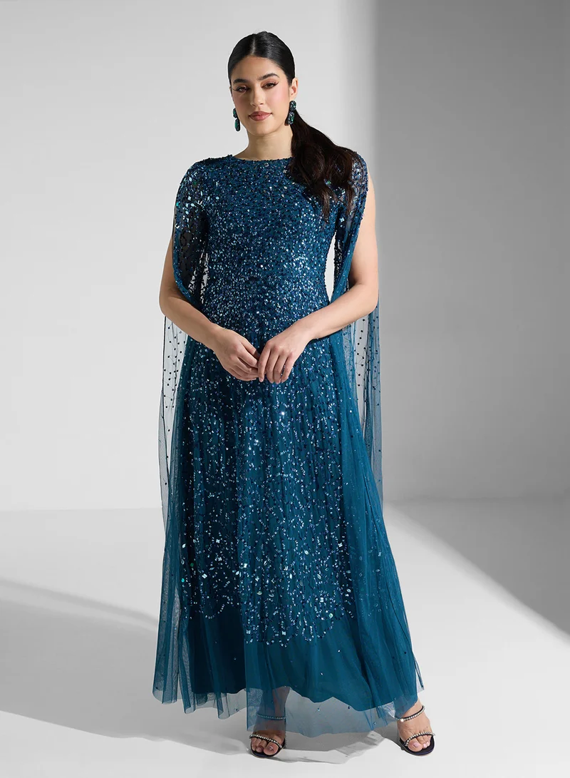 Amelia Rose Embellished Cape Sleeves Maxi Dress