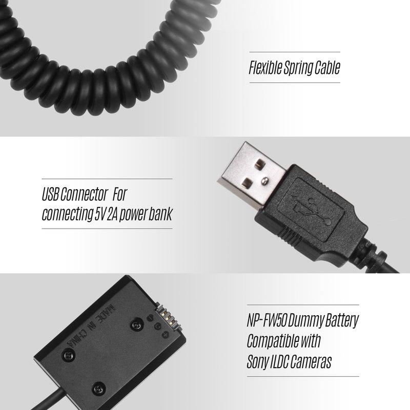 5V USB NP-FW50 Dummy Battery Pack Coupler Adapter with Flexible Spring Cable Compatible with Sony A7 A7II A7R A7S A7RII A7SII A6000 A5000 A3000 NEX5 NEX3 ILDC Camera - Image 2