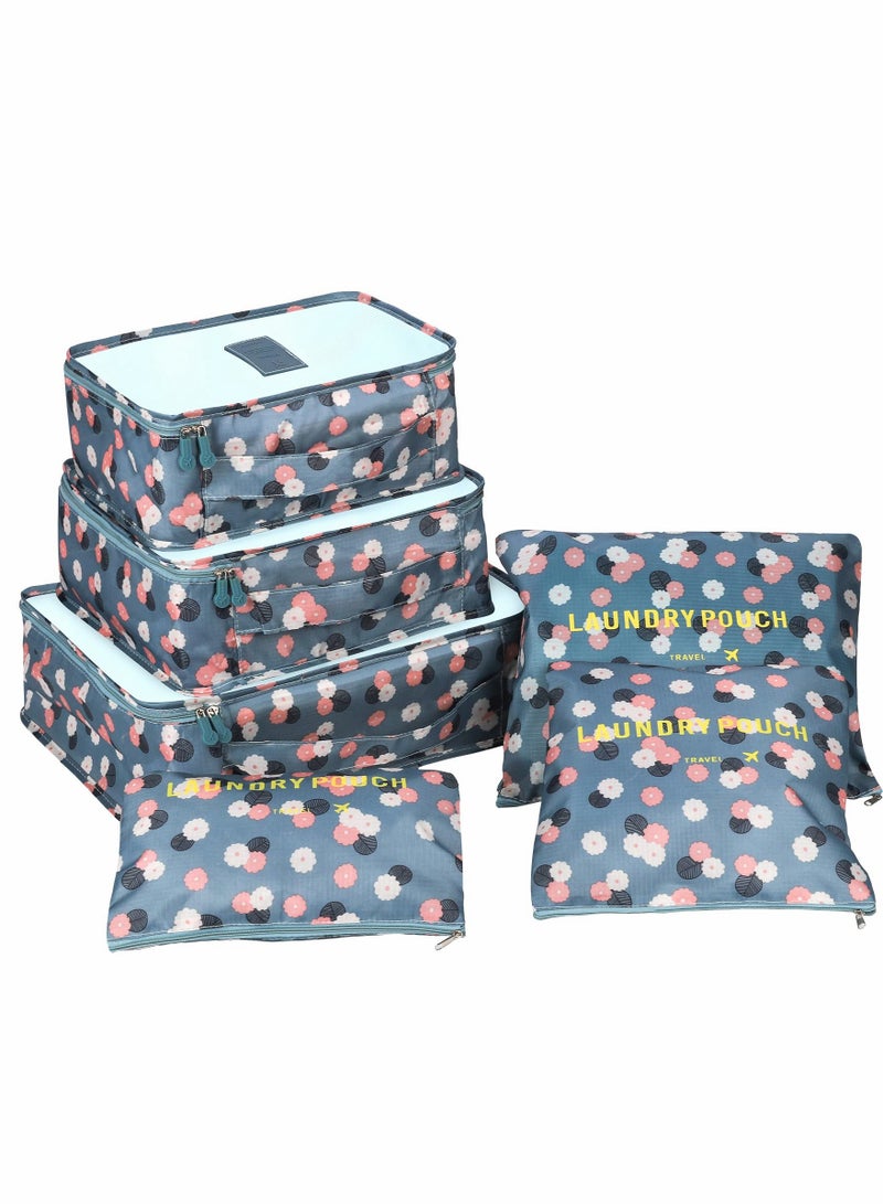 Packing Cubes for Travel, 6 Pcs Travel Cubes Suitcase Organiser Bags Travel Organiser Packing Bags for Shoes Clothes Storage Bags (Blue Flower) - Image 1