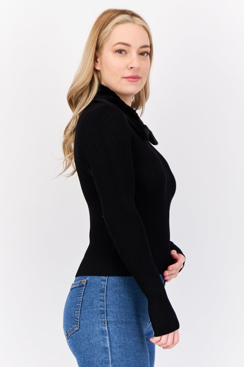 No Comment Women Spread Collar Long Sleeves Textured Cardigan, Black  - Image 4