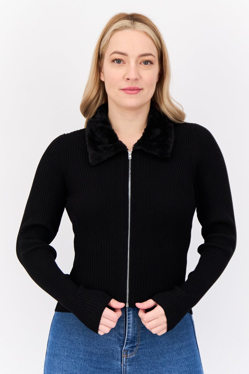 No Comment Women Spread Collar Long Sleeves Textured Cardigan, Black  - Image 1