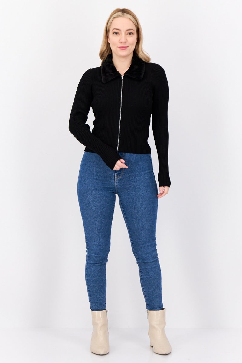 No Comment Women Spread Collar Long Sleeves Textured Cardigan, Black  - Image 3
