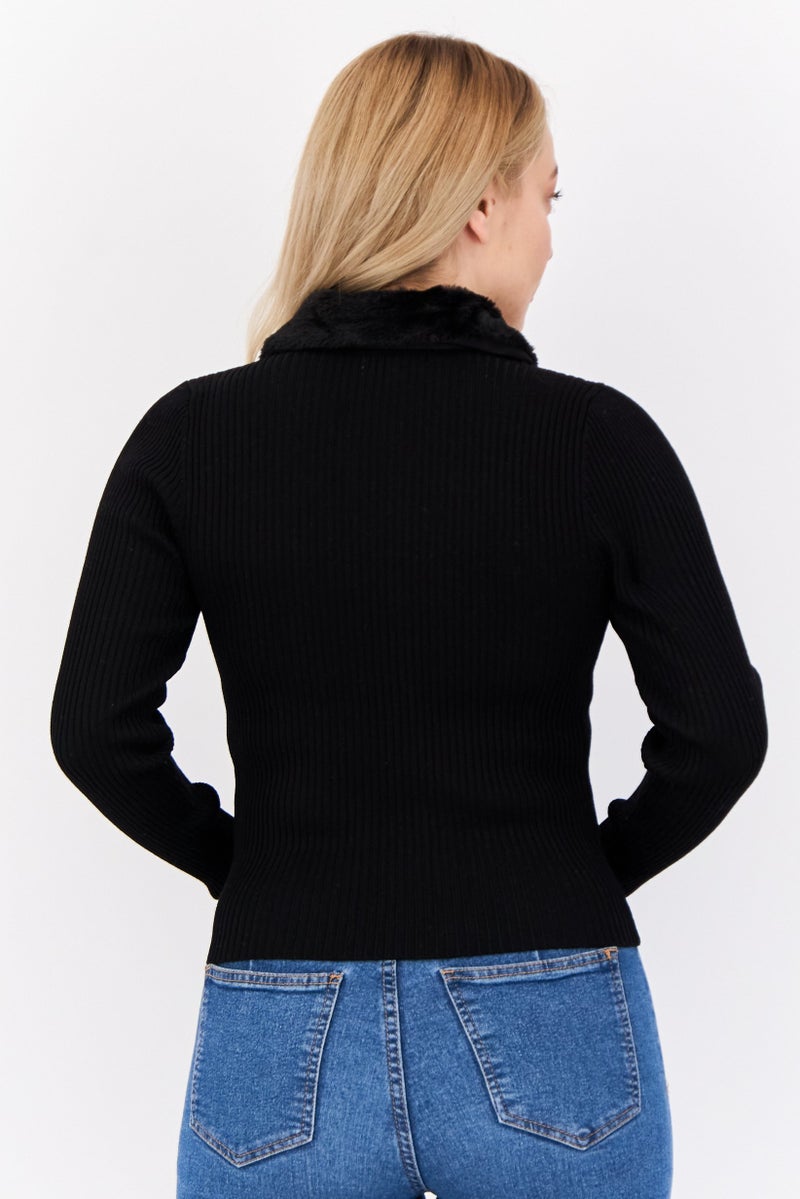 No Comment Women Spread Collar Long Sleeves Textured Cardigan, Black  - Image 2
