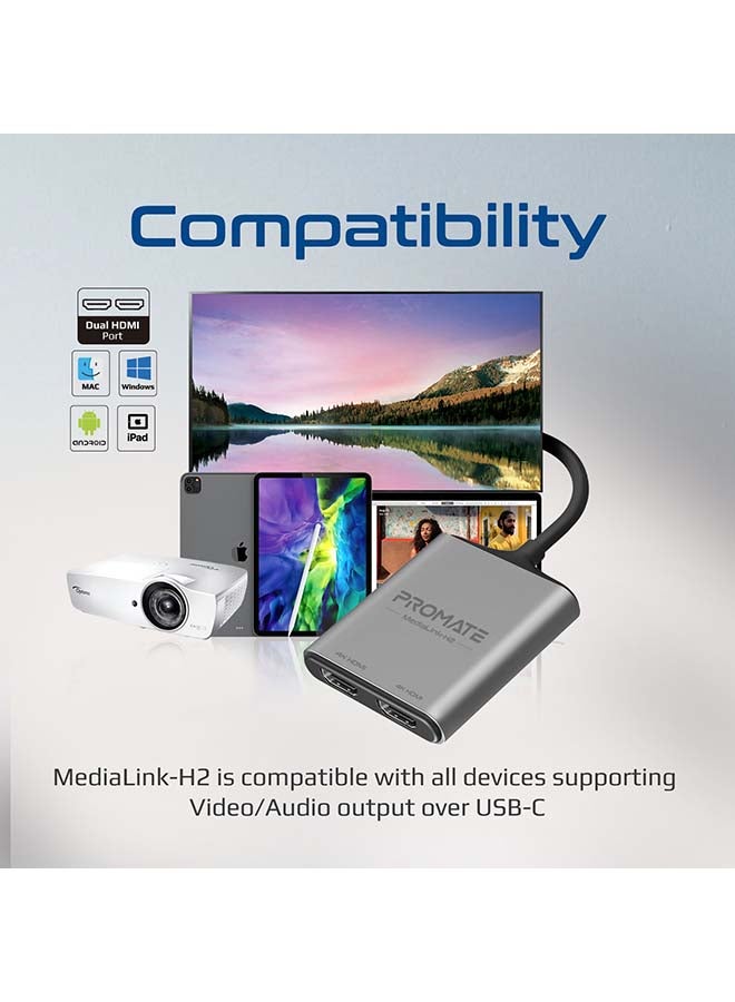 PROMATE USB-C To HDMI Adapter, Ultra HD 4k 60hz Type-C To HDMI Adapter Converter With Dual HDMI Ports, Compact Travel-Friendly Design For MacBook Pro, iPad Air, Samsung Galaxy S25, MediaLink-H2 - Grey - Image 4