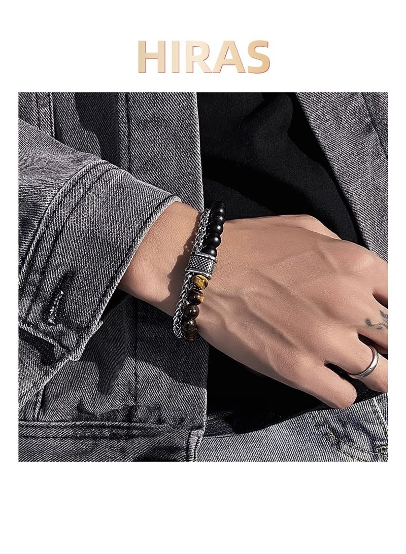 حِرَاس سوار من خرز حجر عين النمر الطبيعي، سوار سلسلة معدنية، هدايا للرجال والنساء - Image 3