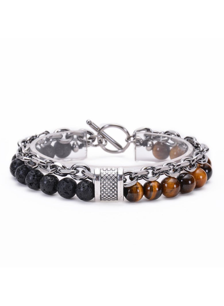 حِرَاس سوار من خرز حجر عين النمر الطبيعي، سوار سلسلة معدنية، هدايا للرجال والنساء - Image 2