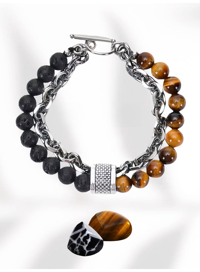 حِرَاس سوار من خرز حجر عين النمر الطبيعي، سوار سلسلة معدنية، هدايا للرجال والنساء - Image 1