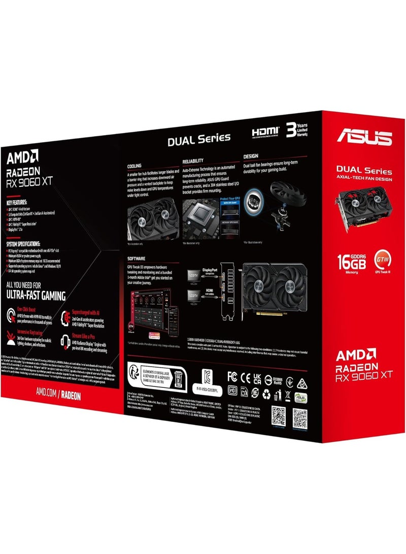 SWITCH 0 ASUS Dual Radeon™ RX 9060 XT 16GB GDDR6 Graphics Card (PCIe 5.0, HDMI 2.1b, DisplayPort 2.1a, 2.5-Slot Design, Axial-tech Fan Design, 0dB Technology, and More) - Image 2