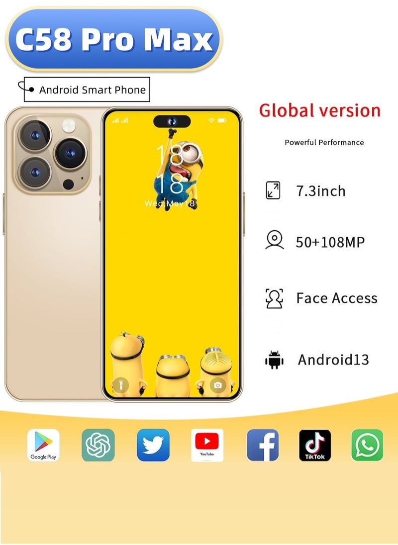 No branded - C58 Pro Max 10-Core 7.3-Inch Smart Island Capsule Screen, 5G Signal, 16+256GB, Android Smartphone Gold, Supports Fast Charging, OTG Function, AI Sound Card, Camera, Recording, Live Broadcast - Image 1