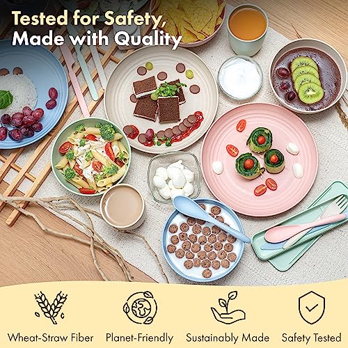 FOODLE Wheat Straw Dinnerware Set - BPA Free & Safety Tested - Dishwasher & Microwave Safe - Toddler & Kids Plates and Bowls Sets - Plastic Plates Reusable - Perfect for RV, Camping Dishes - For 4 - Image 3