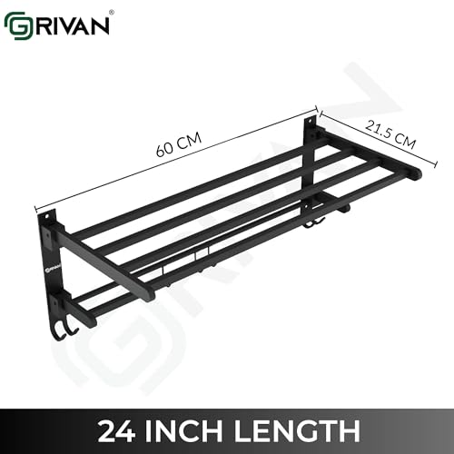 GRIVAN Heavy-Duty Stainless Steel 24 Inch Foldable Towel Rack/Shelf/Stand for Bathroom, Wall-Mounted Towel Holder with Hooks and Hanger (Black Matte Finish) - Image 2