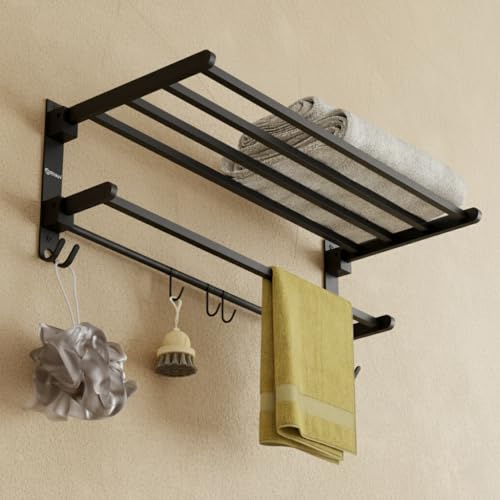 GRIVAN Heavy-Duty Stainless Steel 24 Inch Foldable Towel Rack/Shelf/Stand for Bathroom, Wall-Mounted Towel Holder with Hooks and Hanger (Black Matte Finish) - Image 1