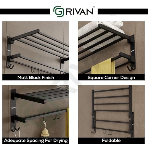 GRIVAN Heavy-Duty Stainless Steel 24 Inch Foldable Towel Rack/Shelf/Stand for Bathroom, Wall-Mounted Towel Holder with Hooks and Hanger (Black Matte Finish) - Image 5