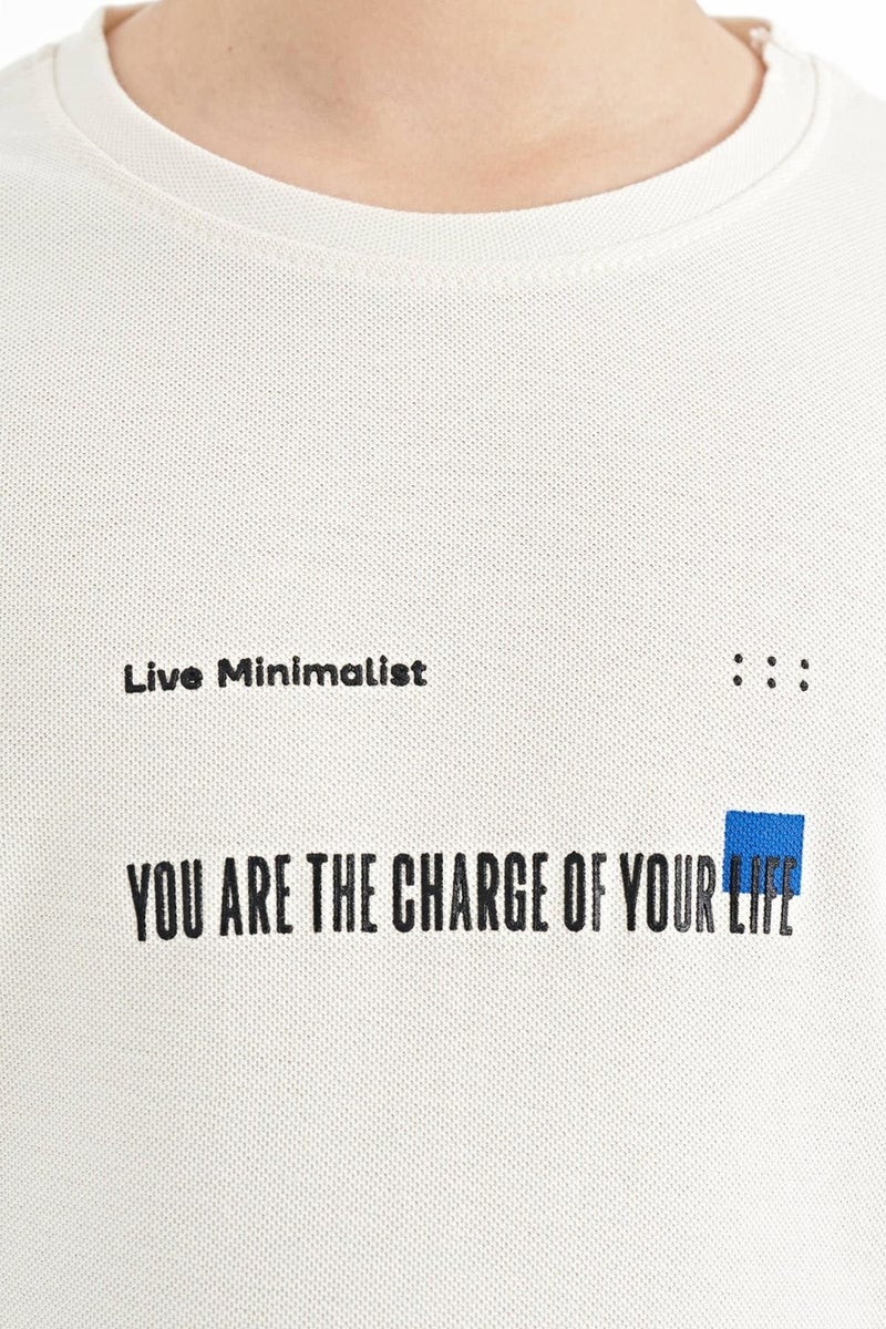 Tommy Life Ecru Print Detailed O Neck Standard Pattern Men's T-Shirt - 11117 - Image 2