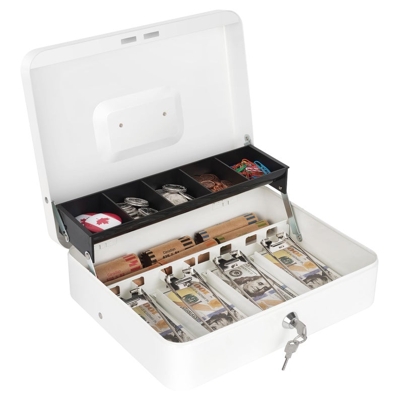 Sumerfnt Cash Box with Lock and Money Tray Money Box for Cash, Metal Lock Box for Money Cash Register - 11.8" x 9.4" x 3.54" White - Image 1