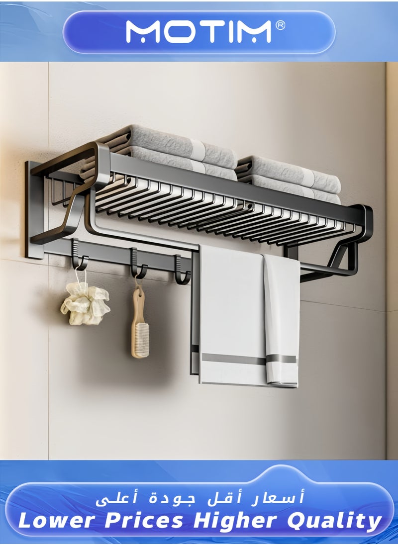 Motim Towel Rail Bathroom Towel Rack Foldable Double Towel Holder with Towel Bar and Hooks for Bathroom Kitchen Thicken Space Aluminum Towel Shelf Wall Mount No Drill  - Image 2