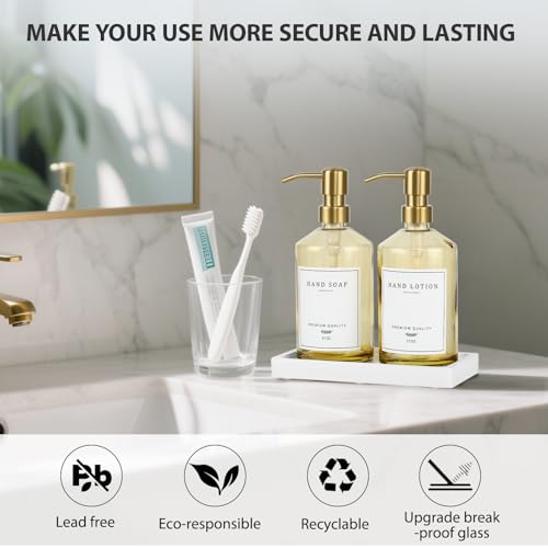 eggs sound Dish Soap Dispenser for Kitchen, Glass Kitchen Soap Dispenser Set with Stainless Steel Pump, Modern Farmhouse Bathroom Decor & Accessories (Yellow Bottle/Gold Pump) - Image 5