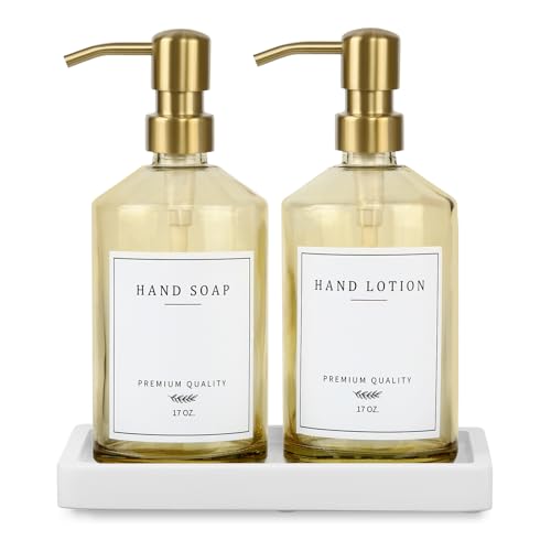 eggs sound Dish Soap Dispenser for Kitchen, Glass Kitchen Soap Dispenser Set with Stainless Steel Pump, Modern Farmhouse Bathroom Decor & Accessories (Yellow Bottle/Gold Pump) - Image 1