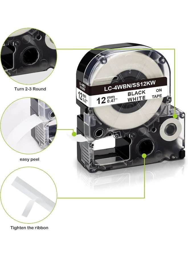 melfi SS12KW/LC4WBN Compatible Label Refill Replacement for Epson Label Printer 12mm * 8m LW400/LW600/SR230C/SR230CH/SR530C/SR550C(Black on White)  - Image 2