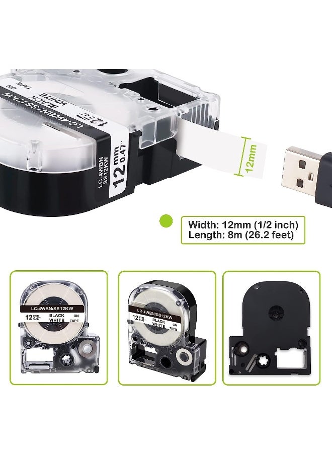 melfi SS12KW/LC4WBN Compatible Label Refill Replacement for Epson Label Printer 12mm * 8m LW400/LW600/SR230C/SR230CH/SR530C/SR550C(Black on White)  - Image 3