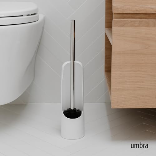 Umbra Touch Toilet Brush with Open Back Hideaway Holder – Durable, Slim, Plastic & Metal Toilet Bowl Cleaner With Rubber Finish - Soft and Dense Brush Bristles – Removes All Stubborn Stains, White - Image 2