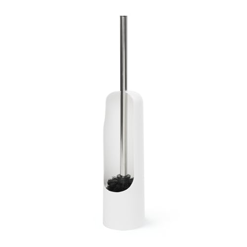 Umbra Touch Toilet Brush with Open Back Hideaway Holder – Durable, Slim, Plastic & Metal Toilet Bowl Cleaner With Rubber Finish - Soft and Dense Brush Bristles – Removes All Stubborn Stains, White - Image 1