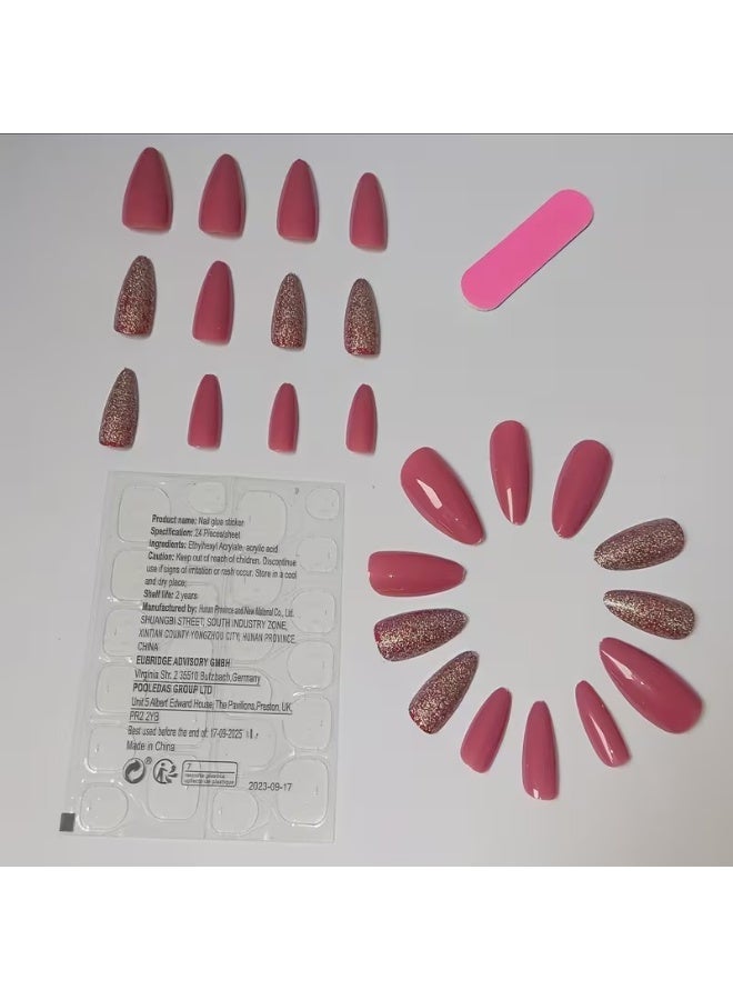 Goolsky 24 قطعة من أوراق الأظافر الزائفة بلون الفاصولياء الأحمر + لاصق هلامي + مكشطة - Image 3