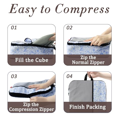 U+U 6 Set Compression Packing Cubes - Ultralight Travel Organizers with Laundry Bag, Space-Saving Suitcase Organizer for Travel, Business Trip and Family Vacation (Blue Flower) - Image 4