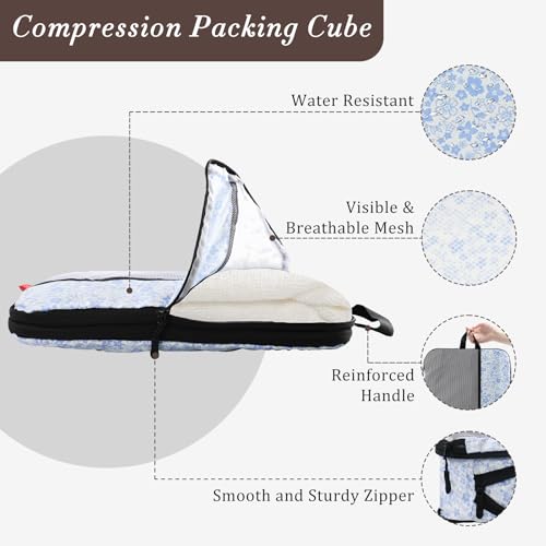 U+U 6 Set Compression Packing Cubes - Ultralight Travel Organizers with Laundry Bag, Space-Saving Suitcase Organizer for Travel, Business Trip and Family Vacation (Blue Flower) - Image 2